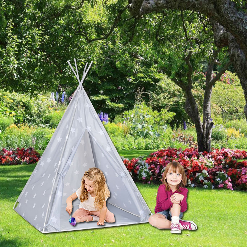 Portable Grey Kids Teepee Tent Polyester With PVC Poles Star Design