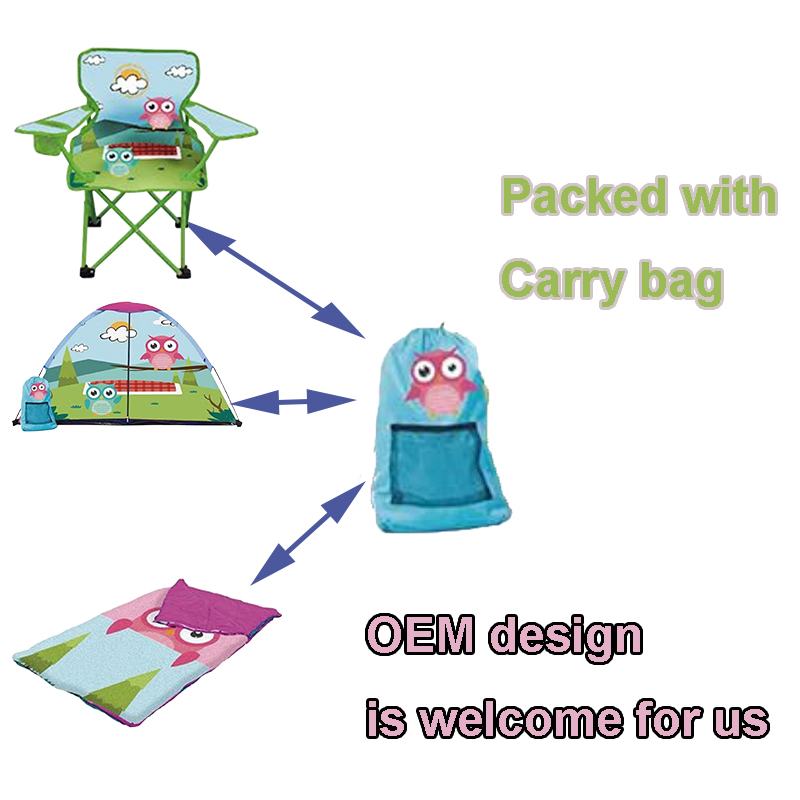 Cute owl Kids Camping Series Include Campint Tent Sleep Bag Kids Chair