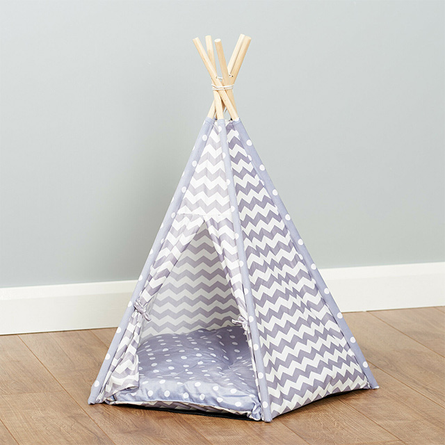 Factory Wholesale Grey Chevron Pets Teepee Bed For Cat/Kitten/Dog/Puppy Tipi Play Tent House