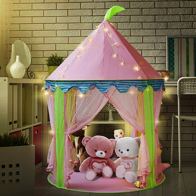 Pink Kids children Girl's Princess Castle pop up Tent playhouse with Led fairy lights