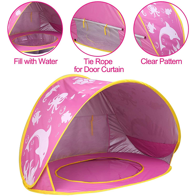Pink Baby Beach Tent with Pool, Pop Up Unique Ocean World Baby Tent,50+ UPF UV Protection Outdoor Tent for Aged 0-4 Baby Kids 