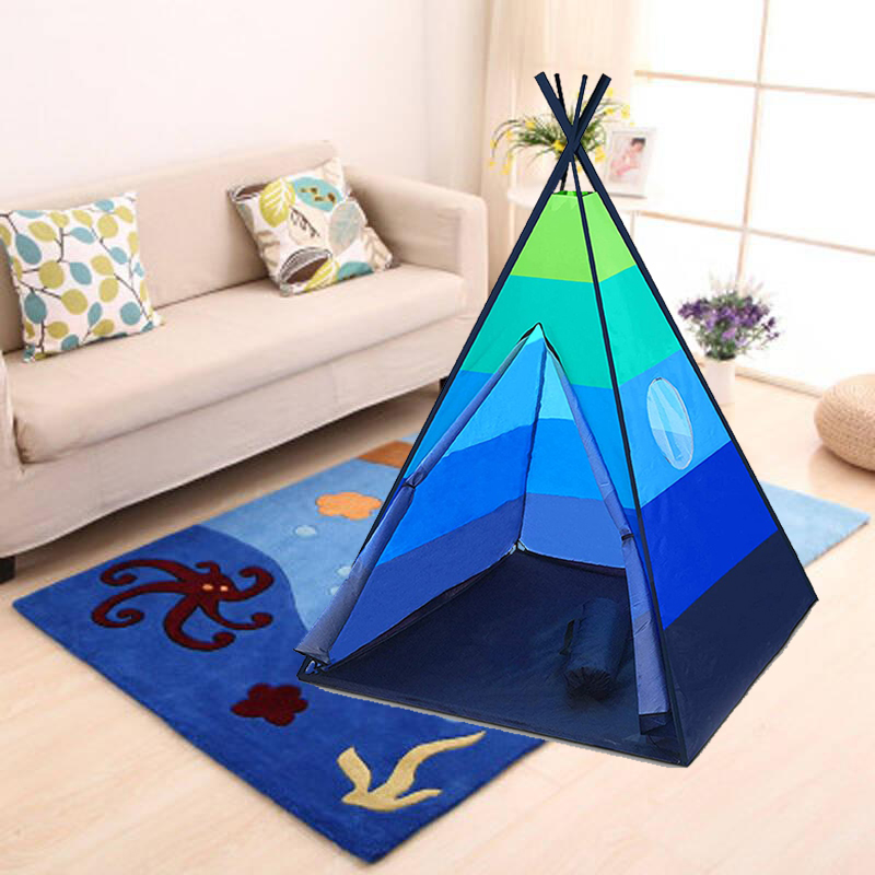 Blue green stripe PVC pole sturdy teepee tent for kids with Carry Case, best playhouse for girls boys