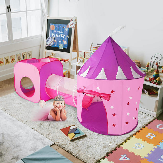 Pink princess kids play tent with crawl tunnel ,girls castle tent, glow in the dark playhouse combo tent