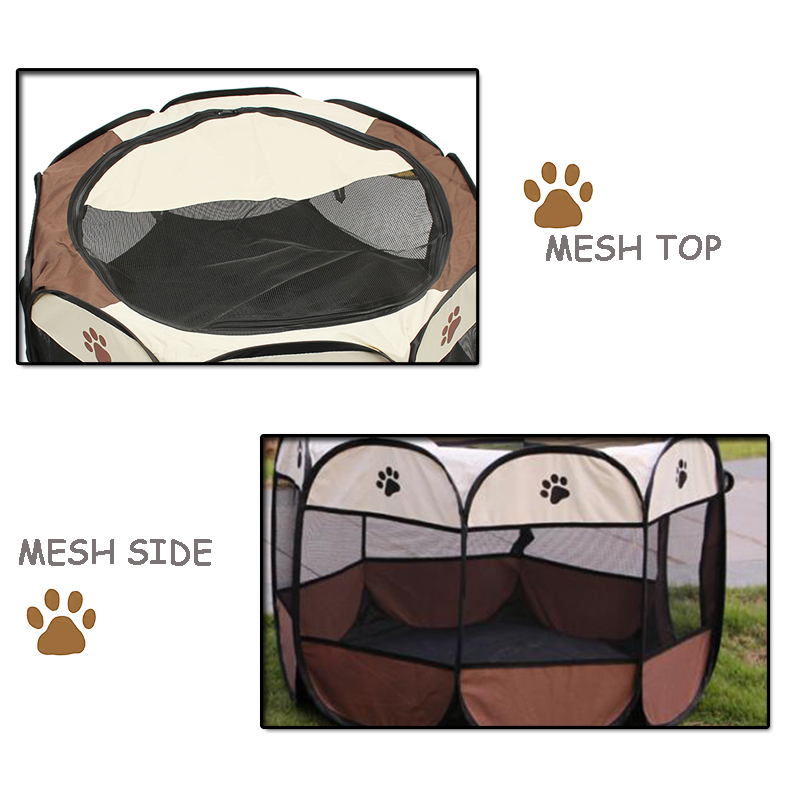 Brown Pet Portable Foldable Playpen Exercise Kennel Dogs Cats Indoor/Outdoor Removable Mesh Shade Cover