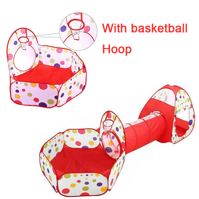 Multicolor dot Folding Portable Kids Play Tent with crawl tunnel, Ball Pit with Basketball Hoop,3 in 1 Playhouse Tent