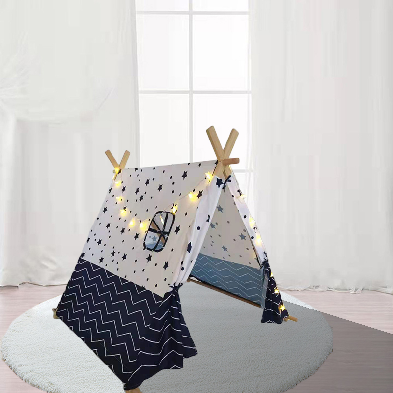 New design toy tent blue star print wooden poles indian kids teepee tent 