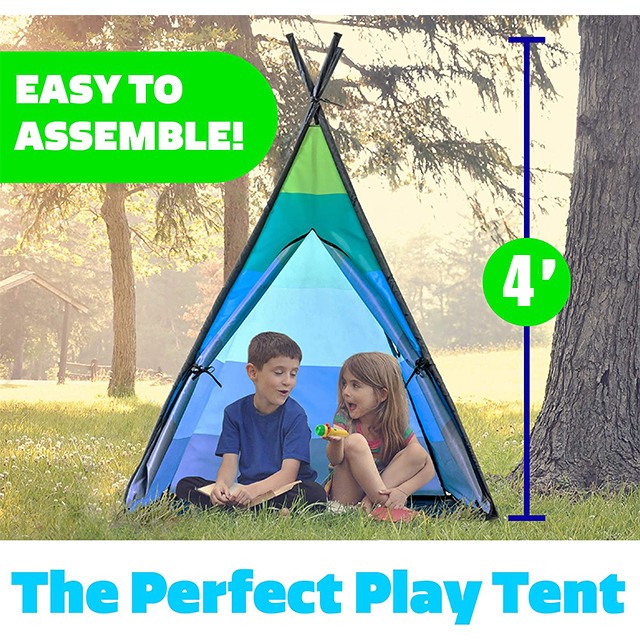 Blue green stripe PVC pole sturdy teepee tent for kids with Carry Case, best playhouse for girls boys