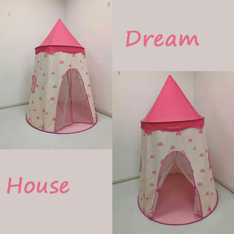 Pink Girls Princess Castle Tent With Rainbow Printing With Mesh Door And Window