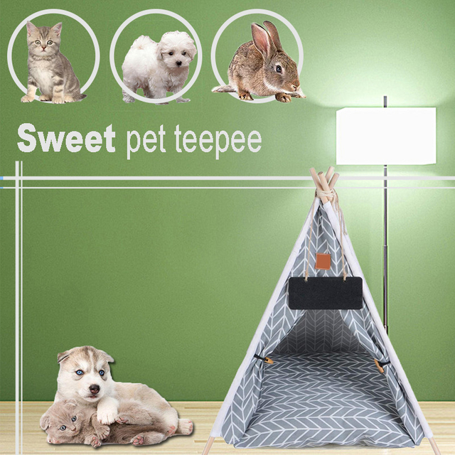 Pet Dog Cat Kitty Teepee House Tent With Soft Pad Wooden Poles Cotton Fabric