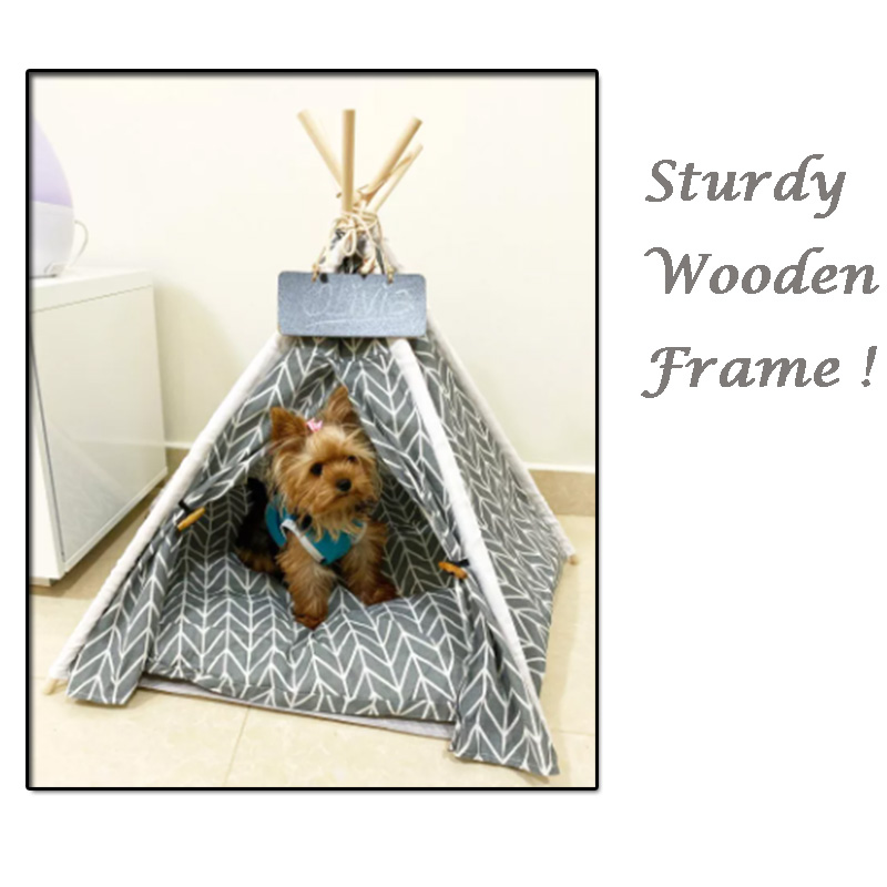 Pet Dog Cat Kitty Teepee House Tent With Soft Pad Wooden Poles Cotton Fabric