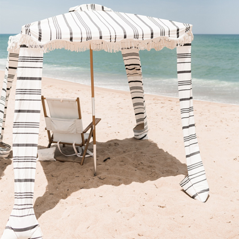Custom Printed Beach Umbrella With Fringe Surface Design Pattern Striped Big Wood Tassel Beach Umbrellas Cabana