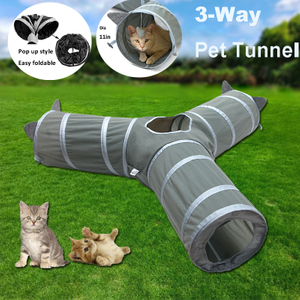 Easy Foldable Gray Pop Up Open 3-Way Pet Tunnel, Cat Toy for Cats and Kittens