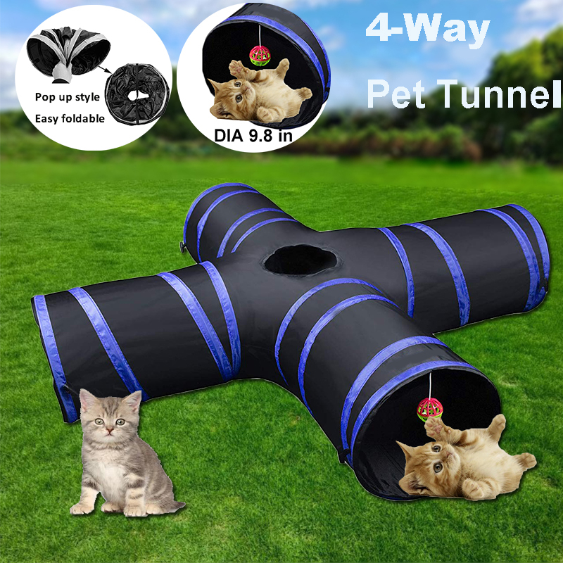 4 Way cat Tunnels toy ,Extensible Collapsible Cat Play Tent Interactive Toy, Cat House with Balls and Bells for Cat Kitten Kitty Rabbit Small Animal