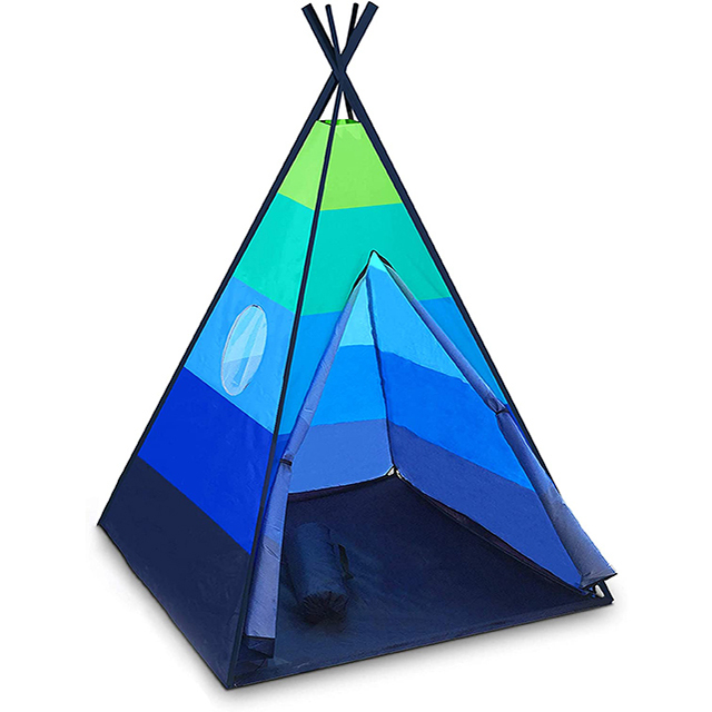 Blue green stripe PVC pole sturdy teepee tent for kids with Carry Case, best playhouse for girls boys