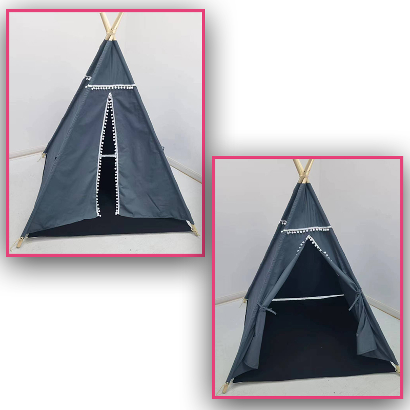 Kids Teepee Tent with Snowballs Decoration Cotton Fabric With Wooden Poles