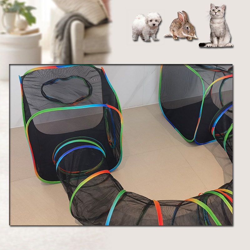 Set of 3 Outdoor Rainbow Cat Enclosures Pet Playground Kitty Small Animals Rabbit Guinea Pig Playpen Square Tent with Circle Tunnel