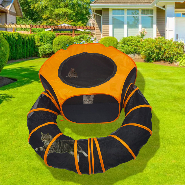 2 Pcs Orange Hexagon Tent with Circle Tunnel Ourdoor Playpen Playground for Kittens Small Animals Rabbit Guinea Pig