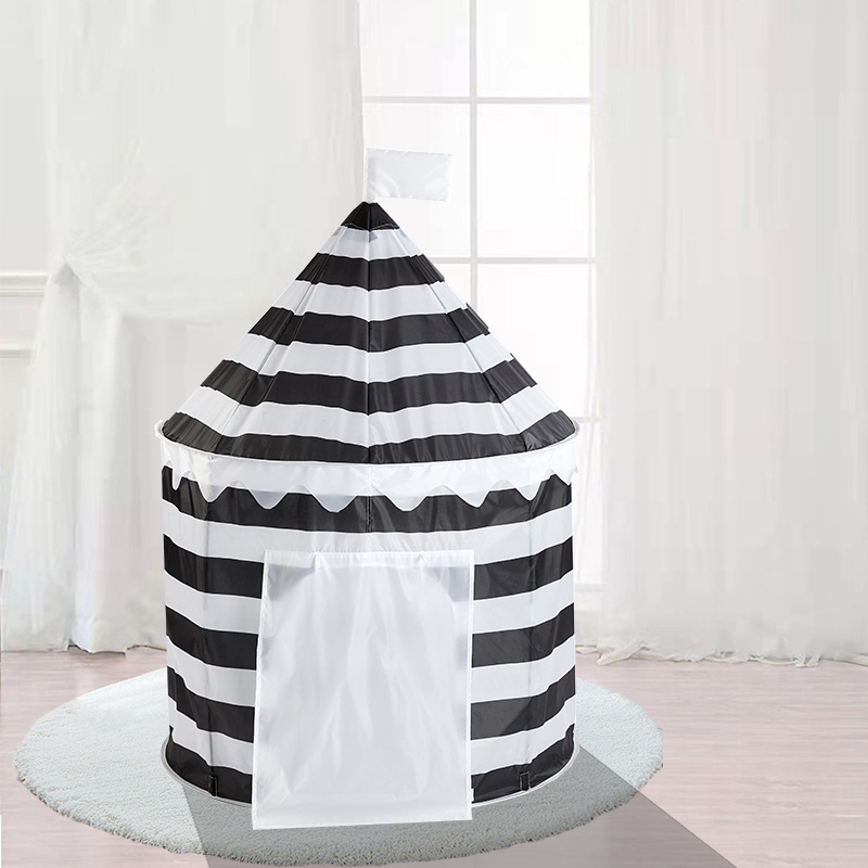 Black White Stripe Kids Castle Play Tent Easy Assemble Foldable Play House Use For Home Yard 