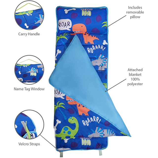 Blue Cartoon with Dinos Portable Kid's sleeping bag with Carry Handle with Straps Closure