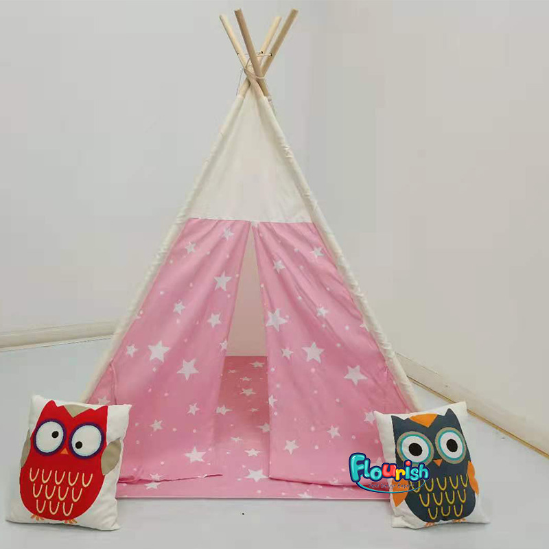 Cheaper New design pink with white star wooden poles indian kid's teepee tent