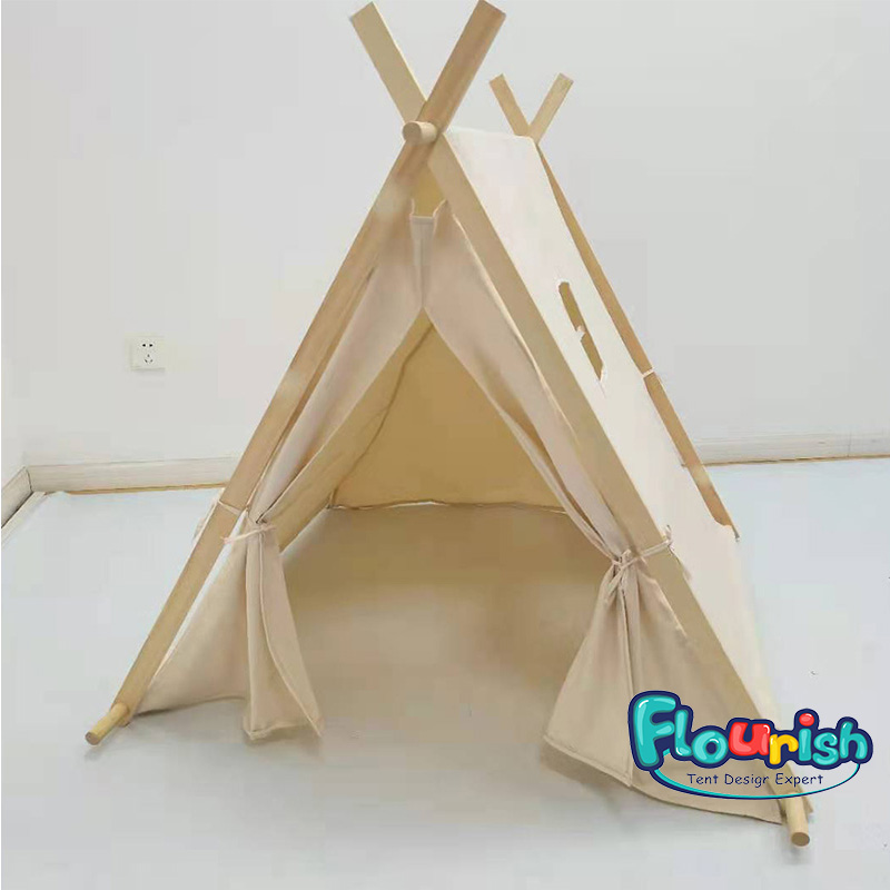 Natural color organic cotton canvas wooden poles teepee tent with window on side