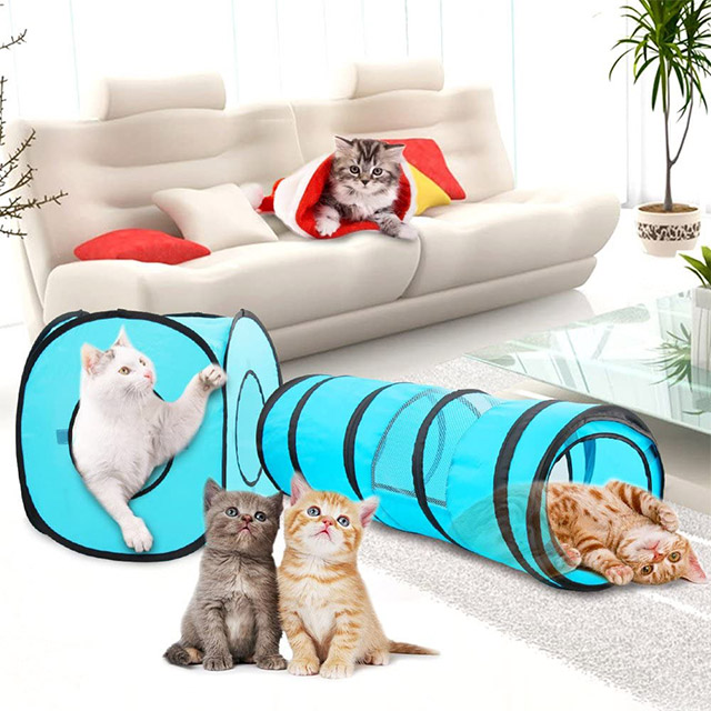 Blue Color 2 in 1 Cat Toys Cat Tunnel and Cat Cube Pop Up Collapsible Indoor Outdoor Toys
