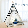 Foldable Portable Canvas Kids Teepee Tent with Light String & Carry Bag for Indoor Outdoor, Kids Teepee Playhouse with Black Wave Stripe Print 