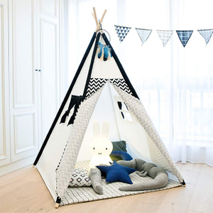 Foldable Portable Canvas Kids Teepee Tent with Light String & Carry Bag for Indoor Outdoor, Kids Teepee Playhouse with Black Wave Stripe Print 