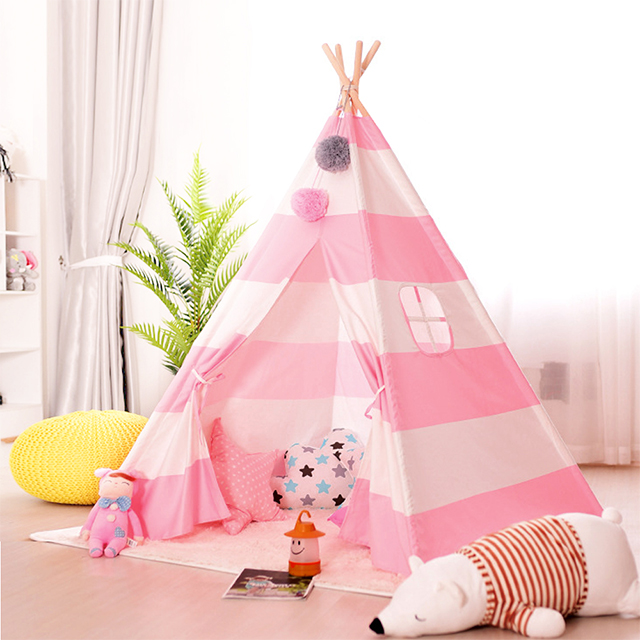 XP-TP064 Pink stripe cotton canvas wooden pole pyramid Tent Kids Teepee, best playhouse for Girls and Boys 