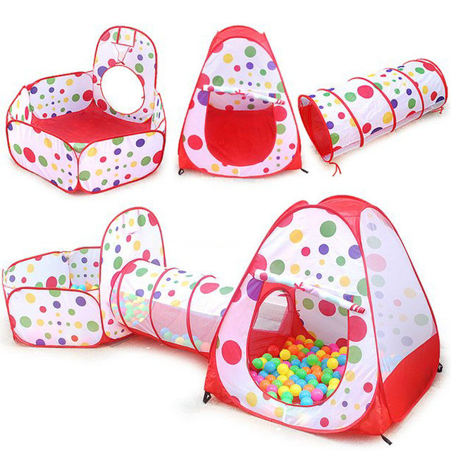 Multicolor dot Folding Portable Kids Play Tent with crawl tunnel, Ball Pit with Basketball Hoop,3 in 1 Playhouse Tent
