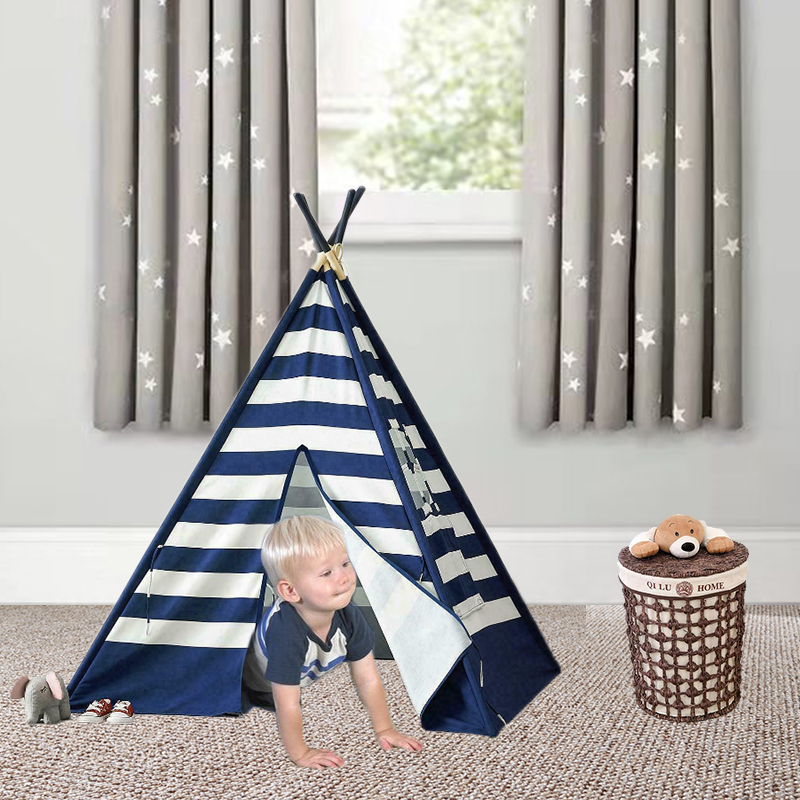 Navy Dark blue stripe kids play tent house cotton canvas children's teepee indian tepee tents with window wooden frame