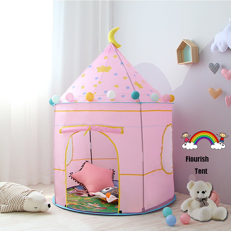 Sweet Pink Kids Girls Castle Tent Play House With Star Moon Design