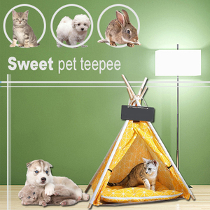Yellow Cat Dog Pet Teepee Easy Assemble With Wooden Poles And Carry Bag