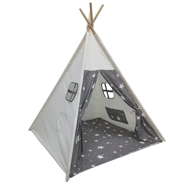Gray Star Printing Kids Play Teepee House Tent Wooden Pole With Carry Bag