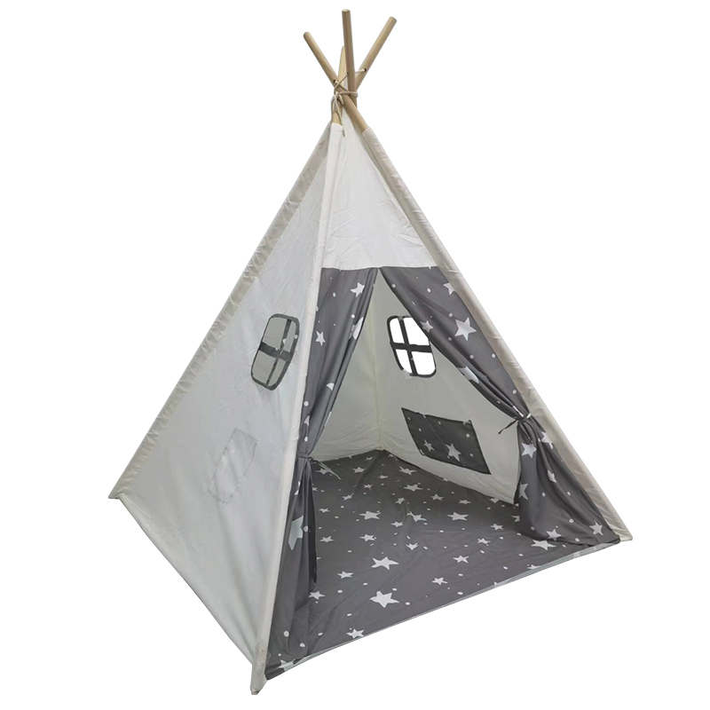 Gray Star Printing Kids Play Teepee House Tent Wooden Pole With Carry Bag