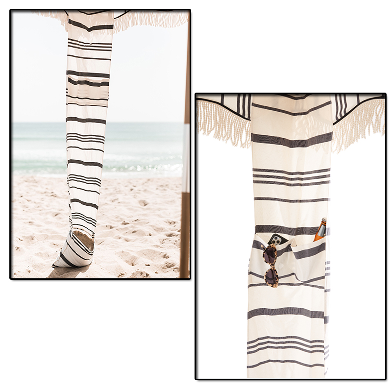 Custom Printed Beach Umbrella With Fringe Surface Design Pattern Striped Big Wood Tassel Beach Umbrellas Cabana