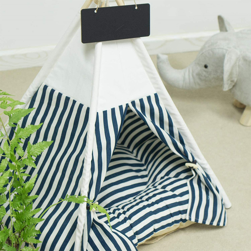 Blue Stripes Pets Teepee Tent, Easy Assembling With 5 Wooden Poles ,Removable and Washable Cat Dog Playhouse