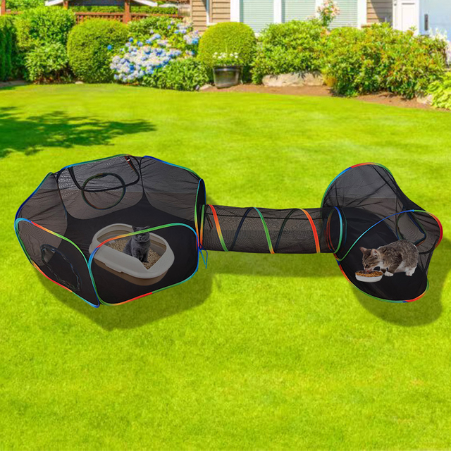 Set of 3 Outdoor Rainbow Cat Enclosures Pet Playground Kitty Small Animals Rabbit Guinea Pig Playpen Olive Hexagon Tent with Tunnel