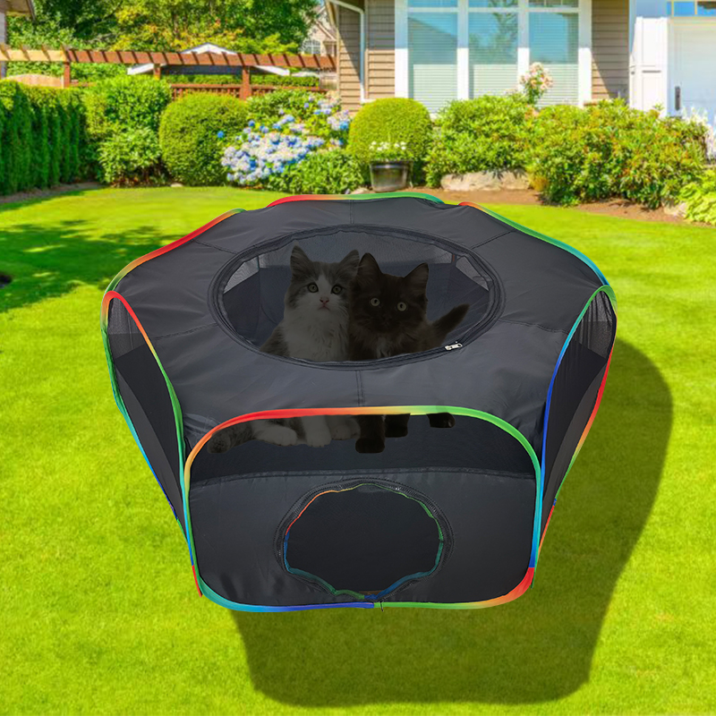 Outdoor Rainbow Hexagon Tent with Circle Tunnel Ourdoor Playpen Playground for Kittens Small Animals Rabbit Guinea Pig