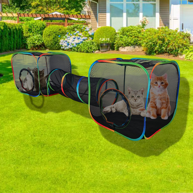 Set of 3 Outdoor Rainbow Cat Enclosures Pet Playground Kittens Small Animals Rabbit Guinea Pig Playpen Square Tent with Tunnel Toy