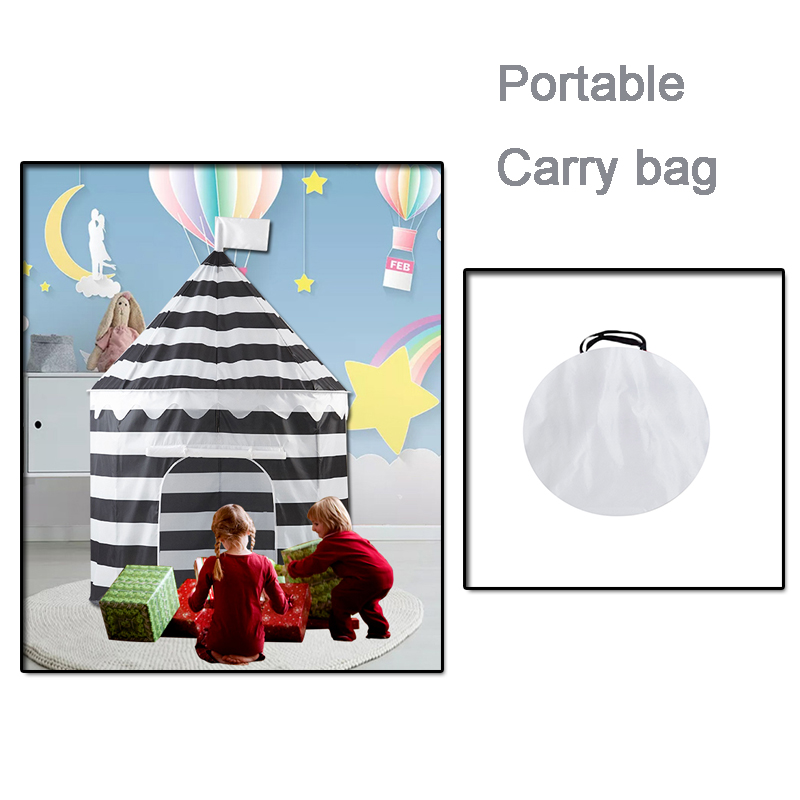 Black White Stripe Kids Castle Play Tent Easy Assemble Foldable Play House Use For Home Yard 