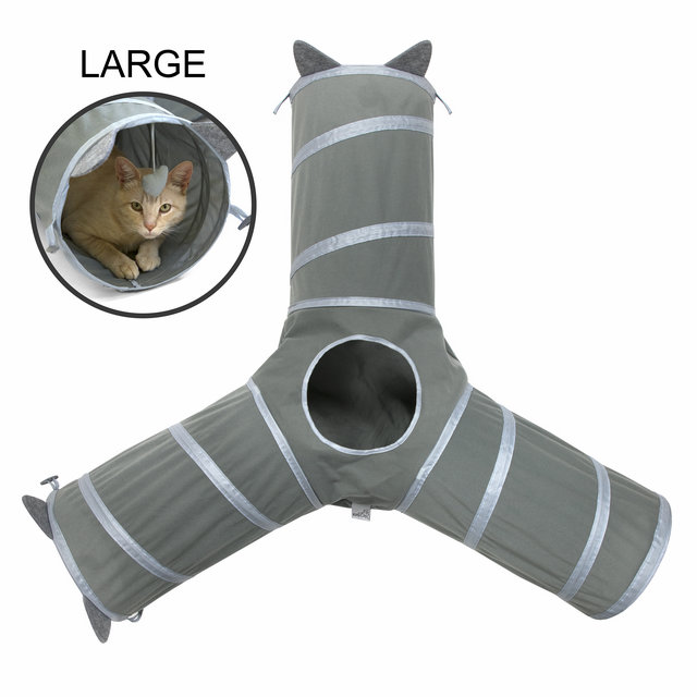 Easy Foldable Gray Pop Up Open 3-Way Pet Tunnel, Cat Toy for Cats and Kittens