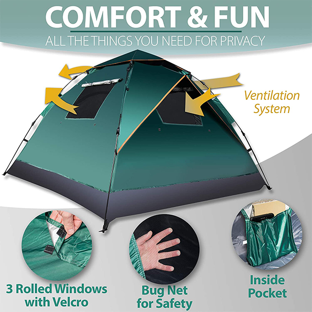 Green Portable Waterproof,Windproof,Family Instant Pop Up Camping Tent ,3-4 Person Camping, Hiking