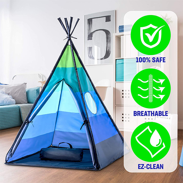 Blue green stripe PVC pole sturdy teepee tent for kids with Carry Case, best playhouse for girls boys