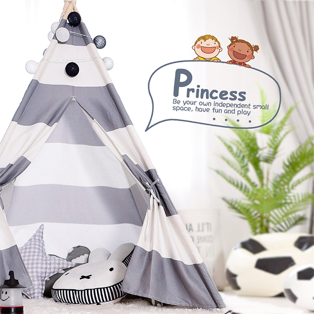 XP-TP061 Grey stripe foldable wooden pole kids teepee tent playhouse cotton canvas with window carry bag, Wigwam Indoor Outdoor