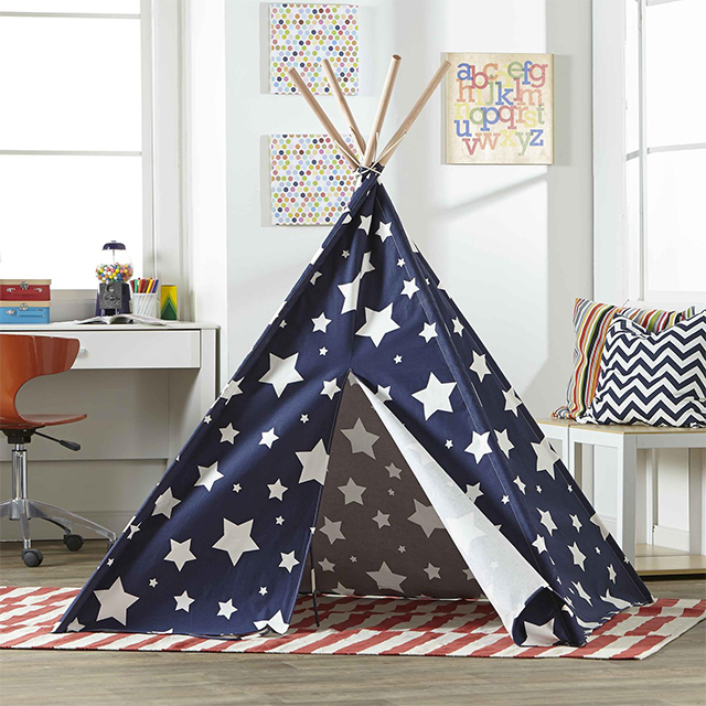 XP-TP062 Dark blue with white star Indian Canvas Teepee Children Playhouse Kids Play Tent for Indoor or Outdoor play with portable carry case