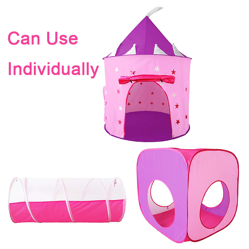 Pink princess kids play tent with crawl tunnel ,girls castle tent, glow in the dark playhouse combo tent