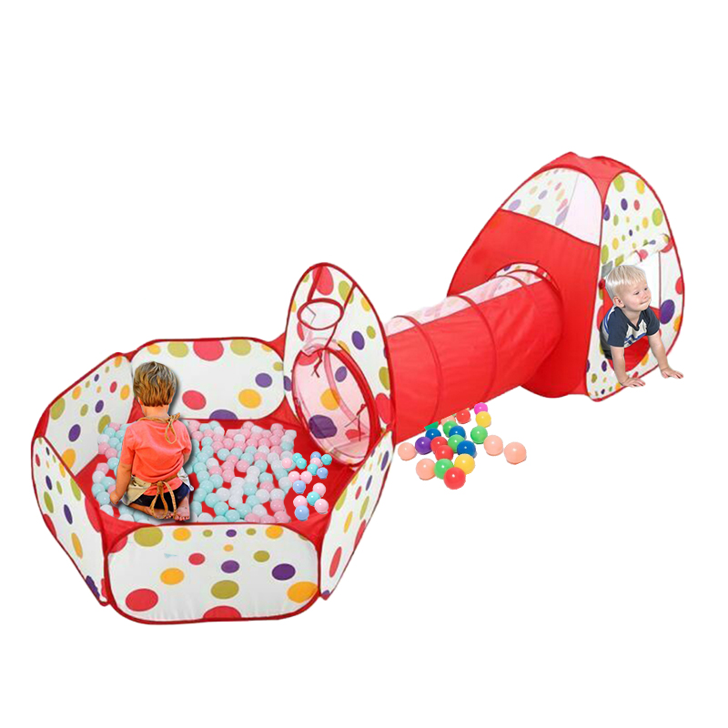 Multicolor dot Folding Portable Kids Play Tent with crawl tunnel, Ball Pit with Basketball Hoop,3 in 1 Playhouse Tent