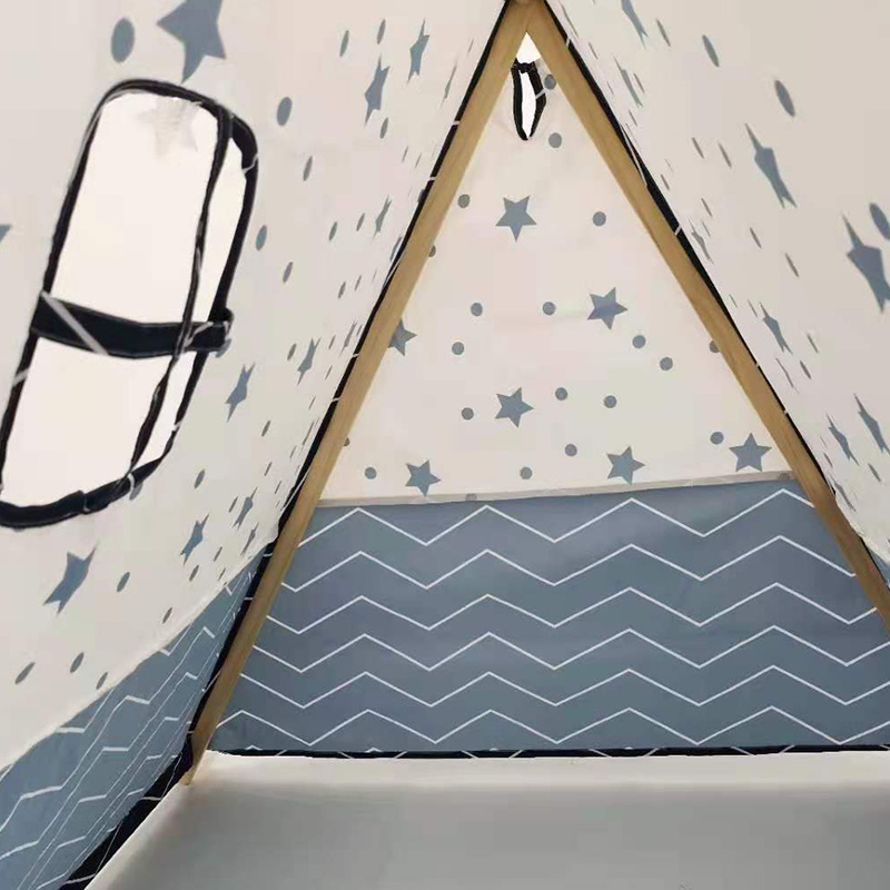 New design toy tent blue star print wooden poles indian kids teepee tent 