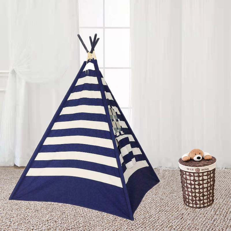 Navy Dark blue stripe kids play tent house cotton canvas children's teepee indian tepee tents with window wooden frame